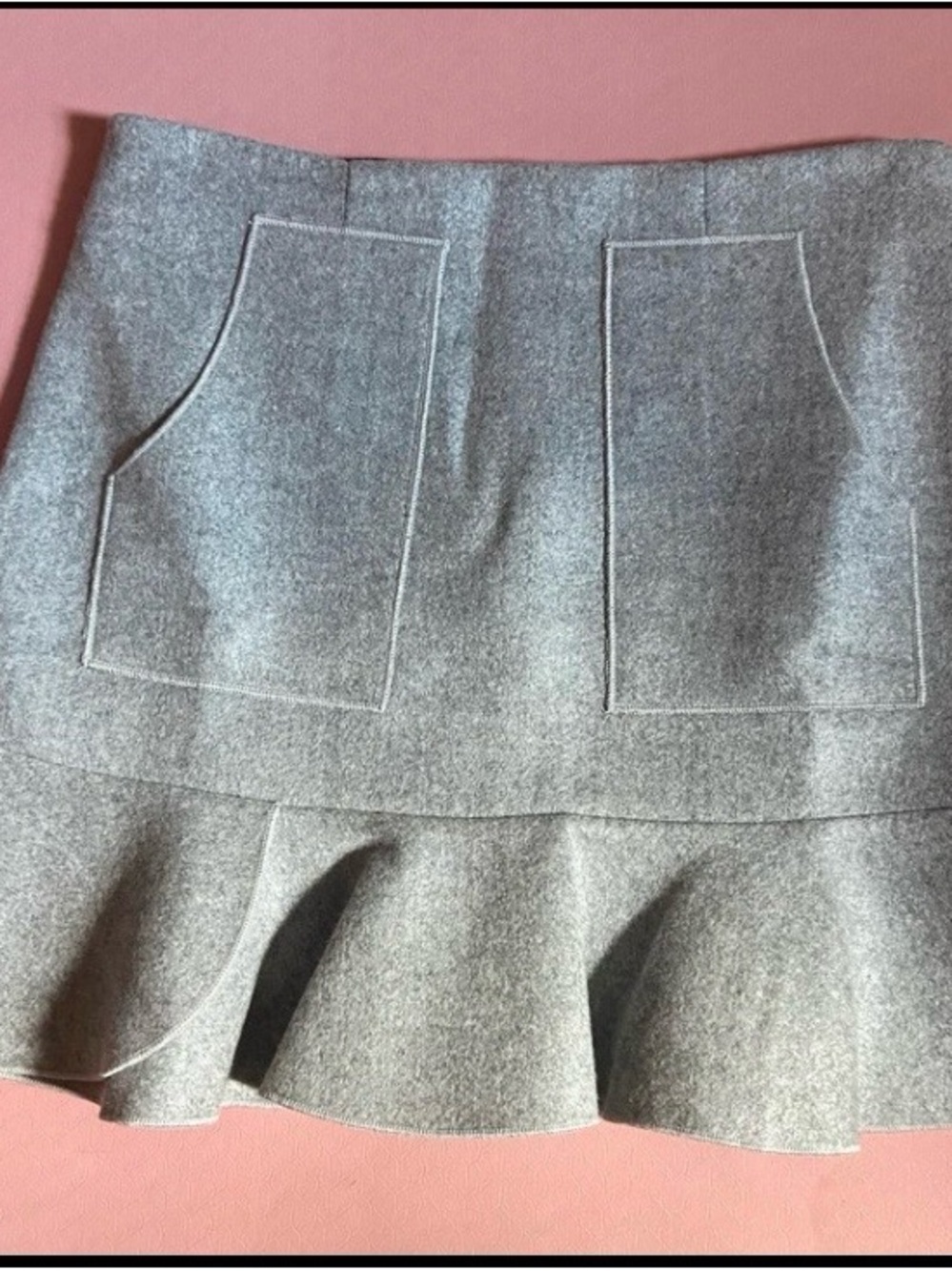 English Factory Gray Mini Skirt with Ruffle Hem and Front Pockets